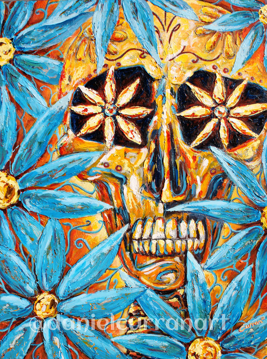 Craneo con Flores Azules Print