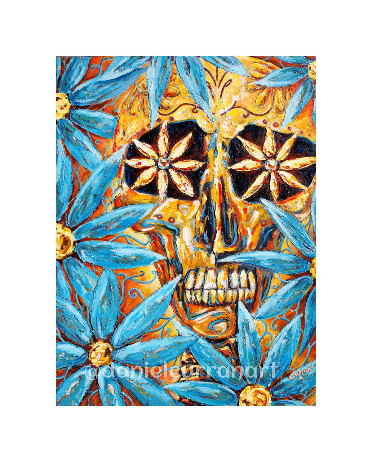 8"x 10" Craneo con Flores Azules Print (Matted) - Daniel Curran Art